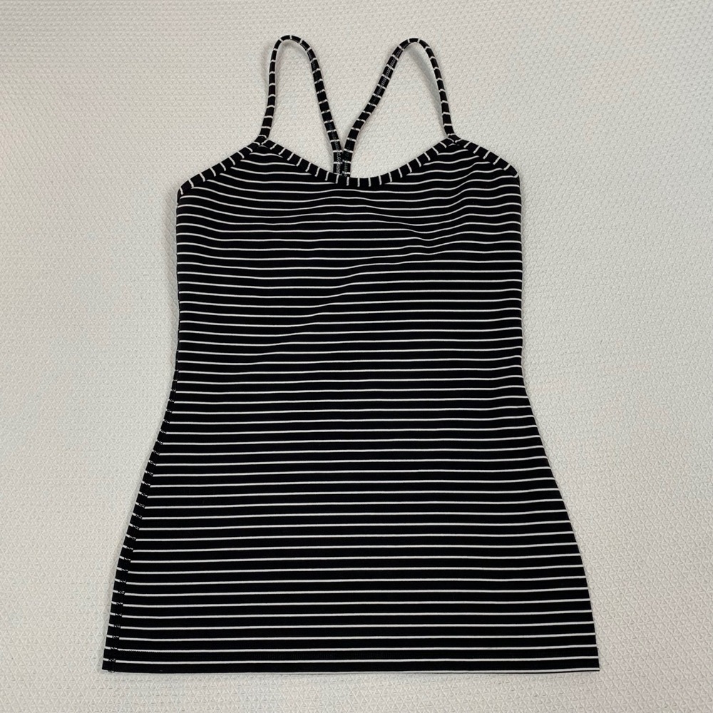 Lululemon Power Y Tank Top Black White Striped Shelf Bra Racerback Camisole Sz 6